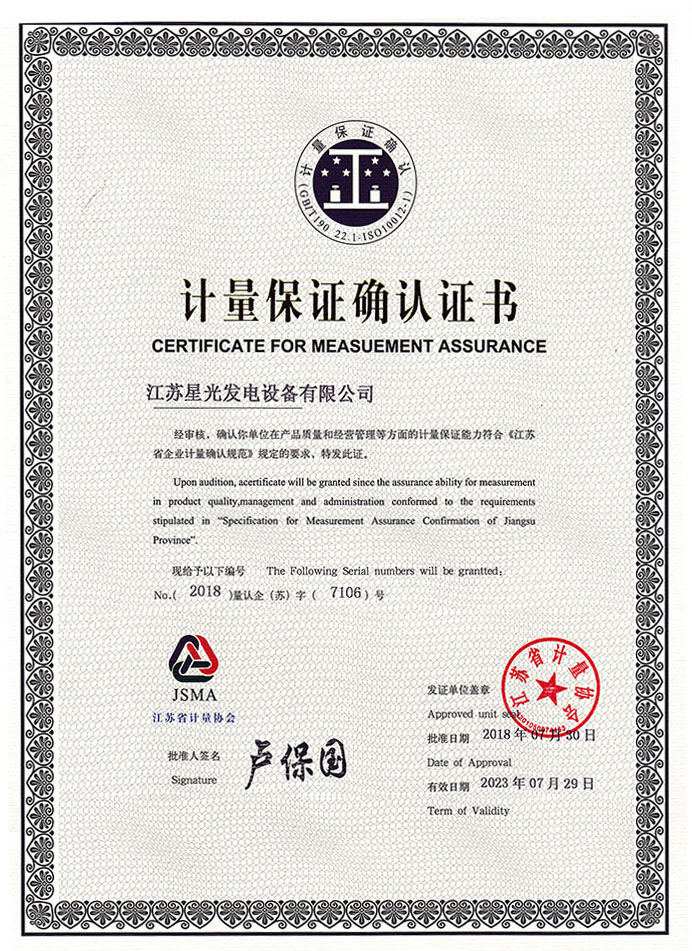 Metering assurance confirmation certificate